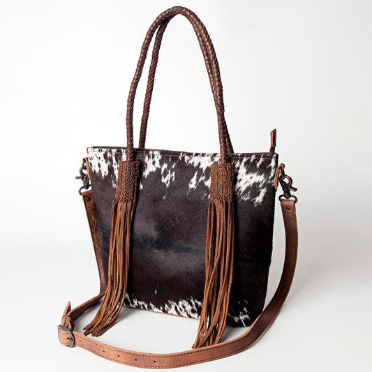 ADBG511BRW Genuine Cowhide Tote Bag with Braided Leather Fringe Straps Western Shoulder & Crossbody
