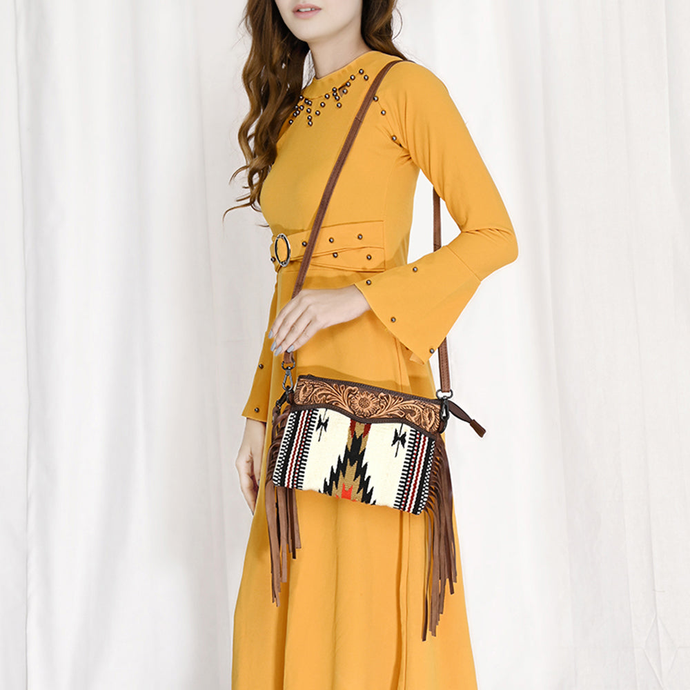 LC-ADBGZ183 Southwestern Wool Crossbody Bag with Tooled Leather & Fringe - Western Style Purse