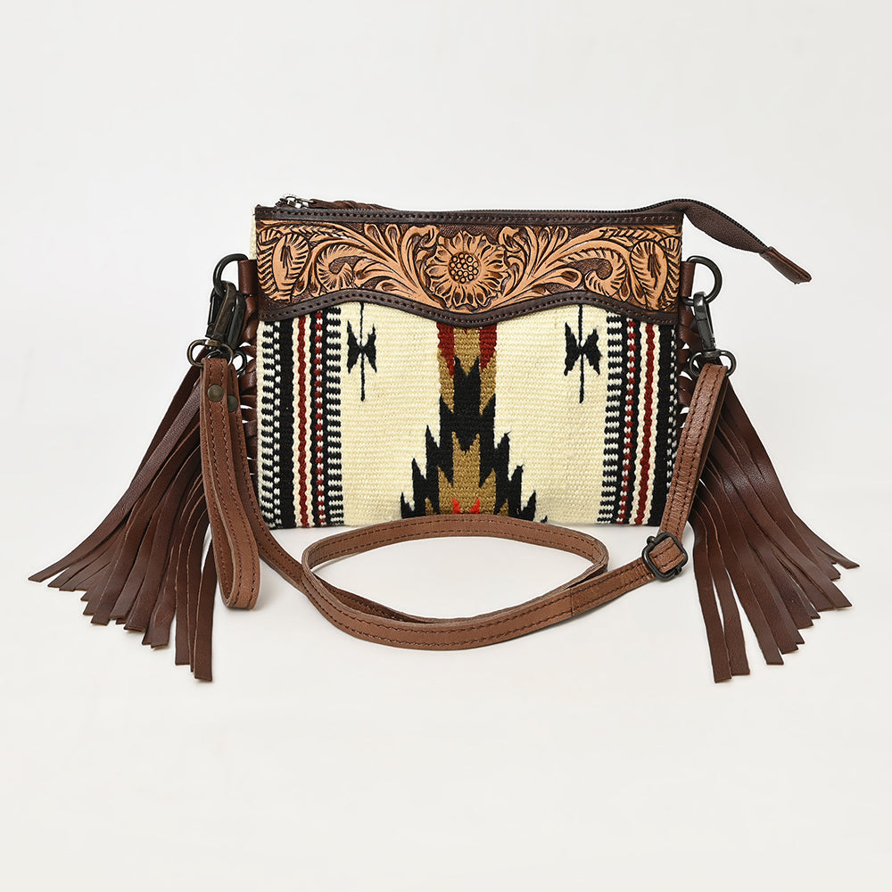 LC-ADBGZ183 Southwestern Wool Crossbody Bag with Tooled Leather & Fringe - Western Style Purse