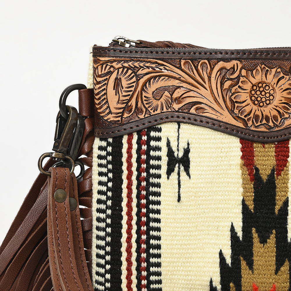 LC-ADBGZ183 Southwestern Wool Crossbody Bag with Tooled Leather & Fringe - Western Style Purse