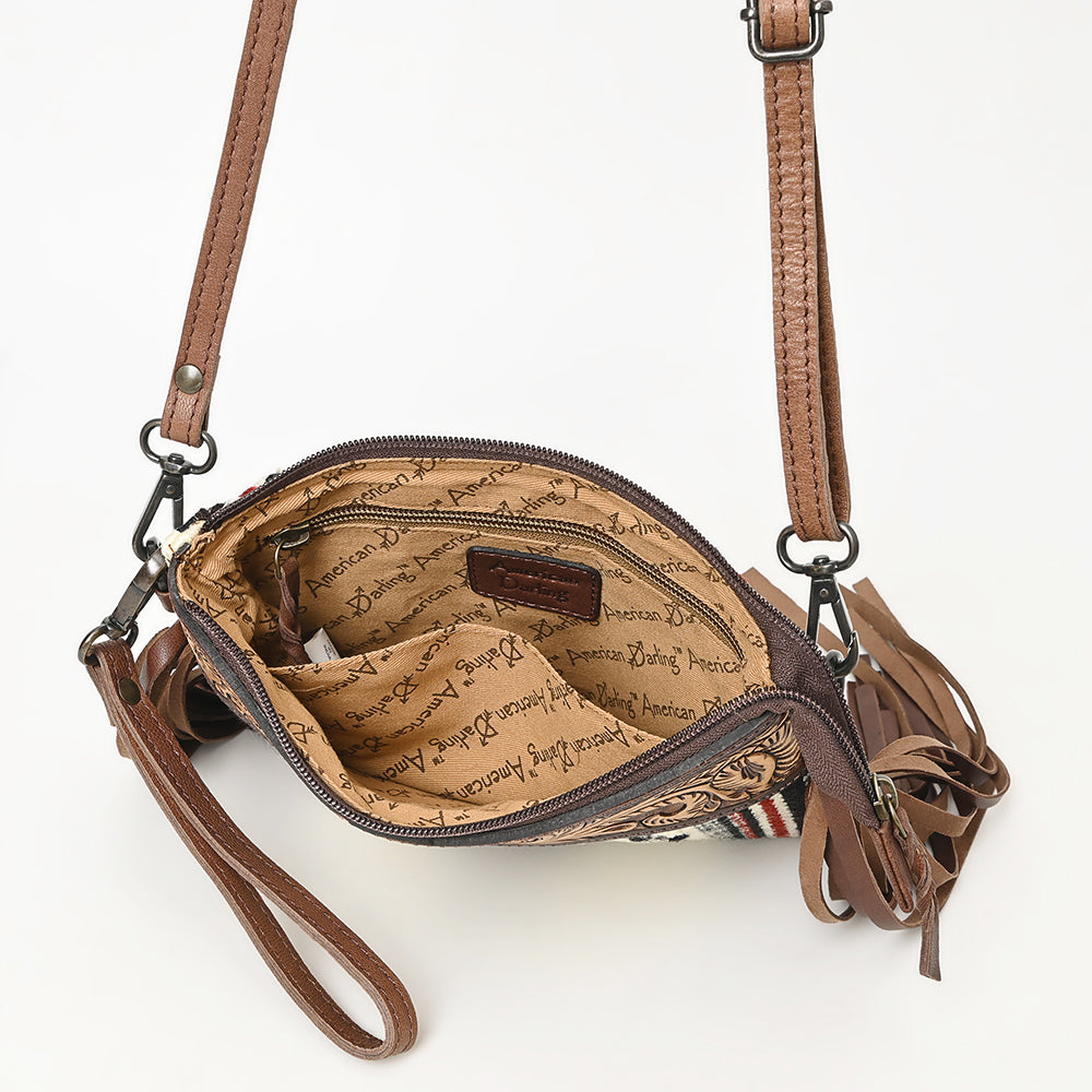 LC-ADBGZ183 Southwestern Wool Crossbody Bag with Tooled Leather & Fringe - Western Style Purse