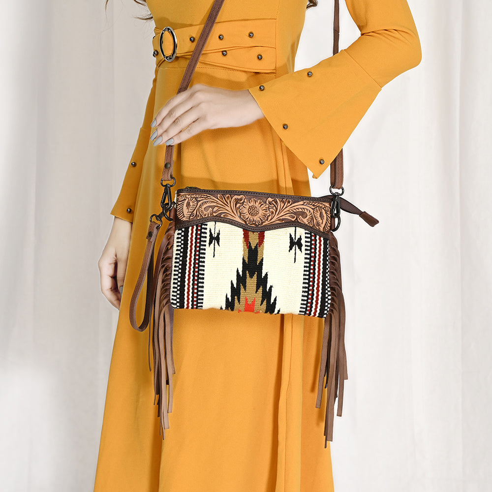 LC-ADBGZ183 Southwestern Wool Crossbody Bag with Tooled Leather & Fringe - Western Style Purse