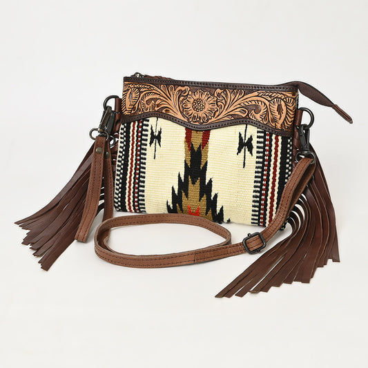 LC-ADBGZ183 Southwestern Wool Crossbody Bag with Tooled Leather & Fringe - Western Style Purse