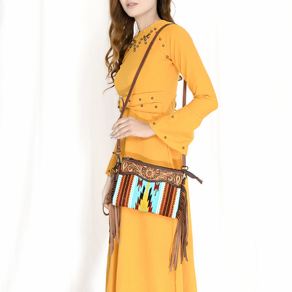 LC-ADBGZ183 Southwestern Wool Crossbody Bag with Tooled Leather & Fringe - Western Style Purse