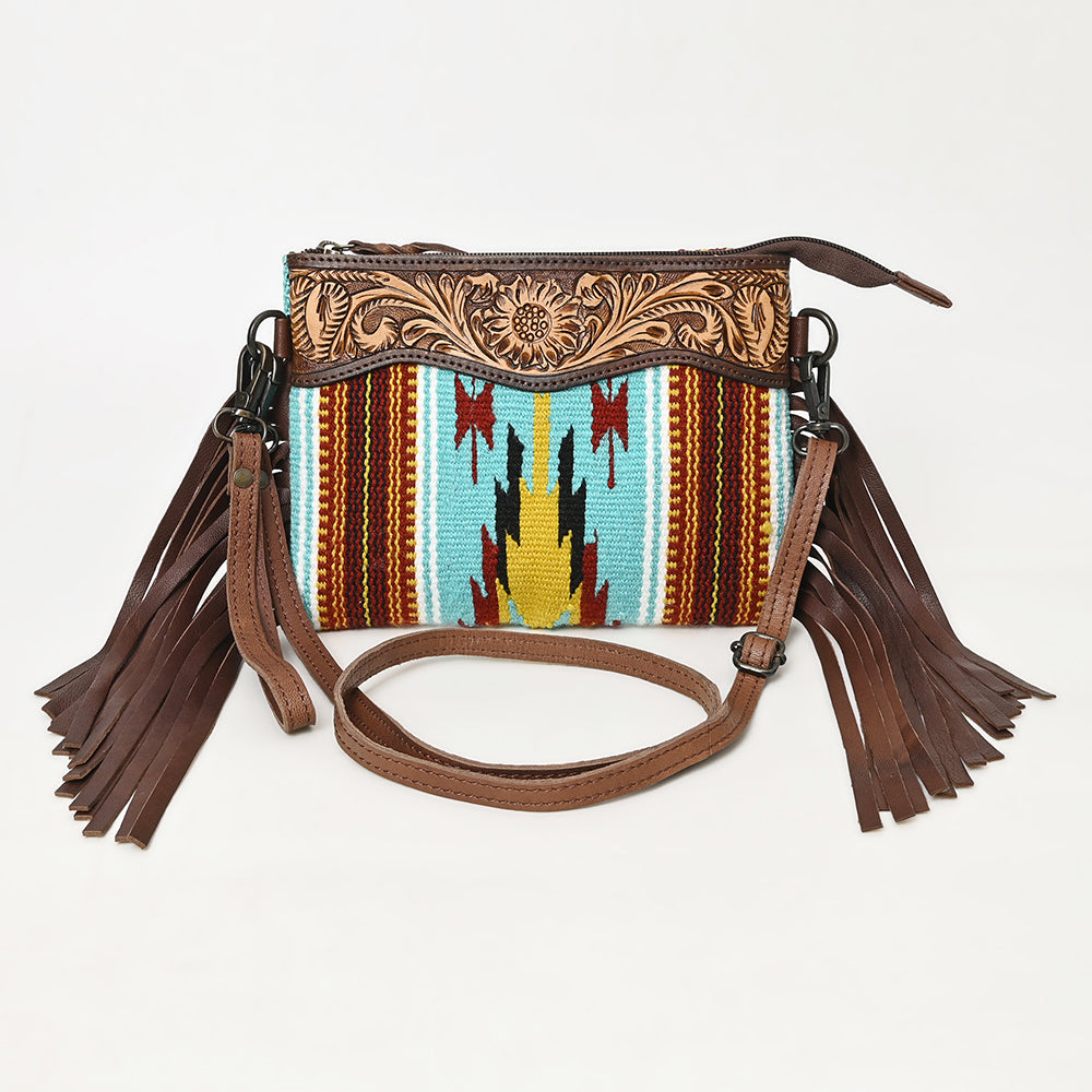 LC-ADBGZ183 Southwestern Wool Crossbody Bag with Tooled Leather & Fringe - Western Style Purse