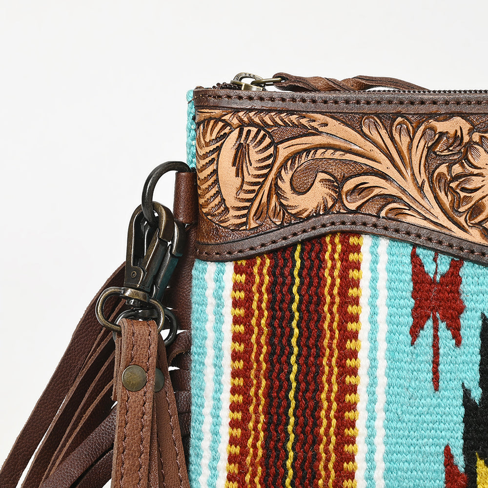 LC-ADBGZ183 Southwestern Wool Crossbody Bag with Tooled Leather & Fringe - Western Style Purse