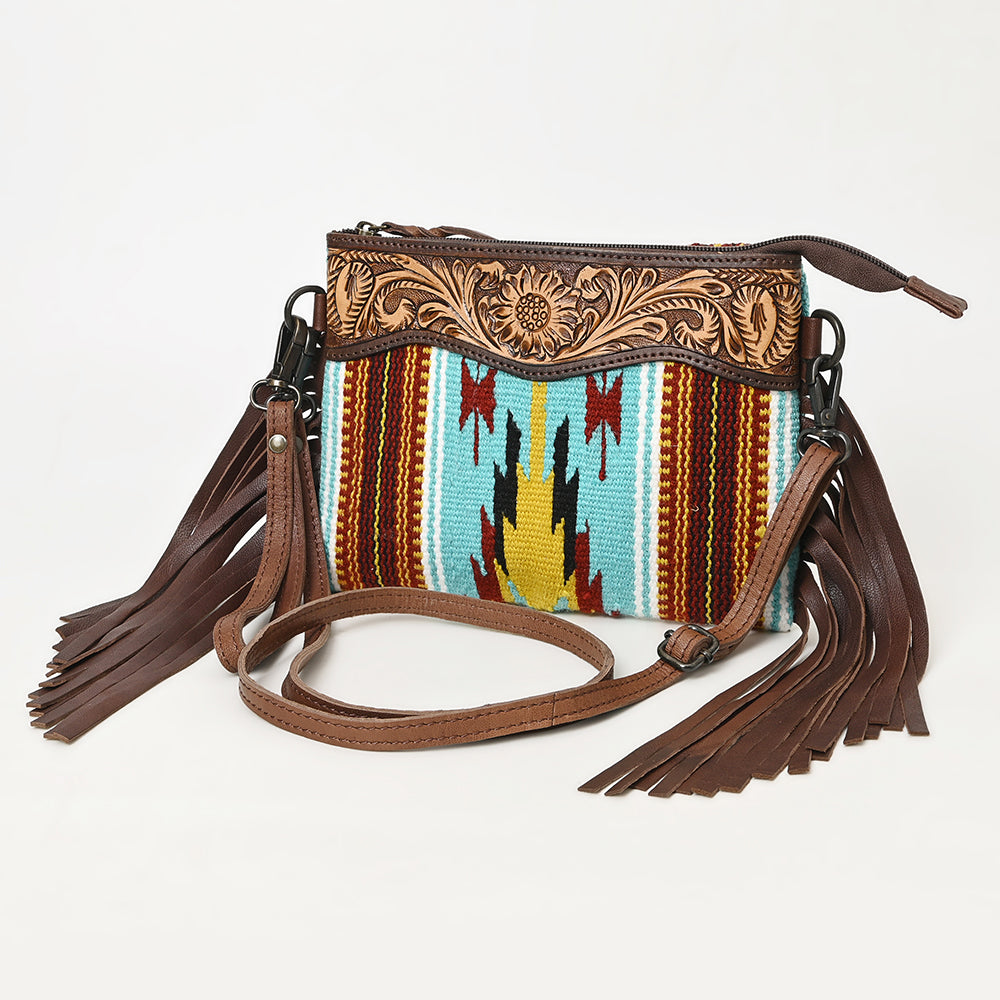 LC-ADBGZ183 Southwestern Wool Crossbody Bag with Tooled Leather & Fringe - Western Style Purse