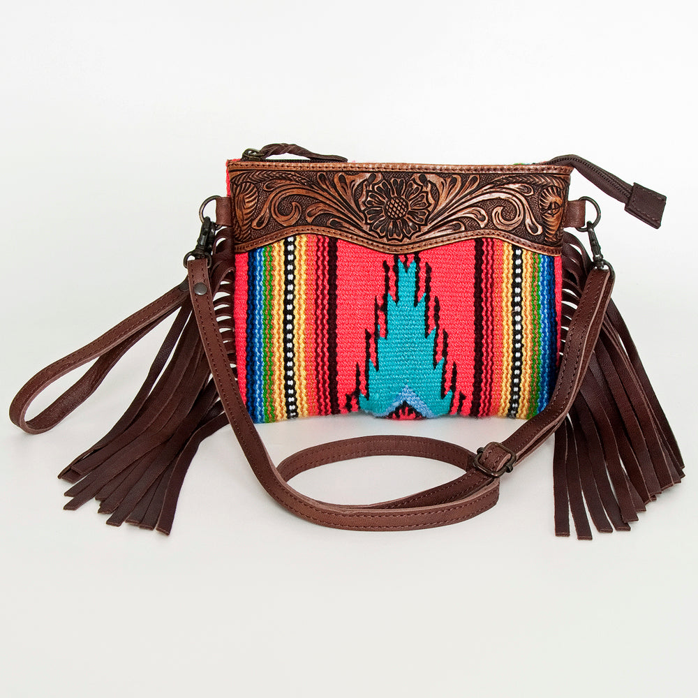 LC-ADBGZ183 Southwestern Wool Crossbody Bag with Tooled Leather & Fringe - Western Style Purse