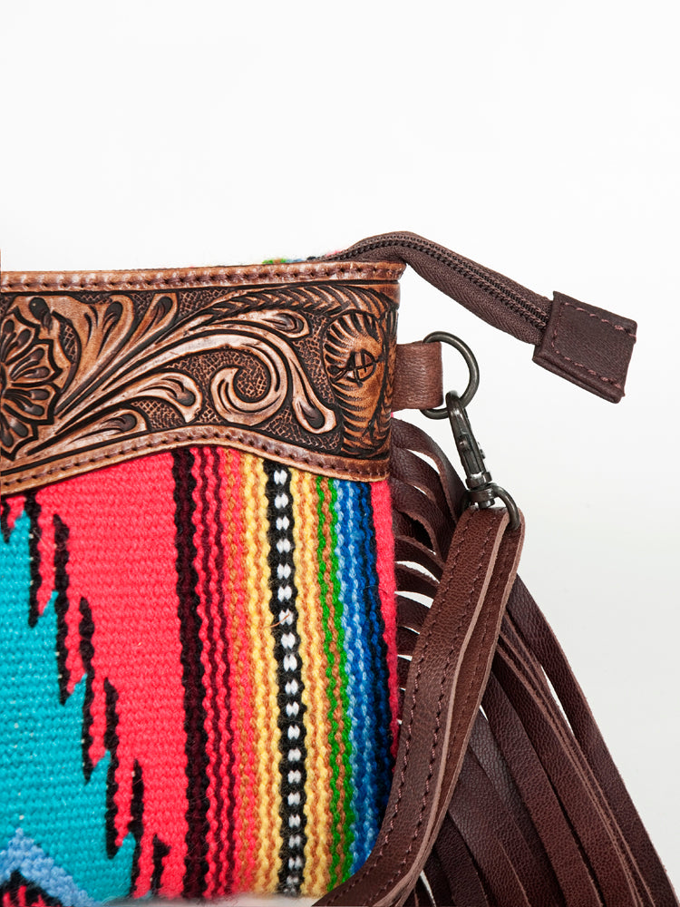LC-ADBGZ183 Southwestern Wool Crossbody Bag with Tooled Leather & Fringe - Western Style Purse
