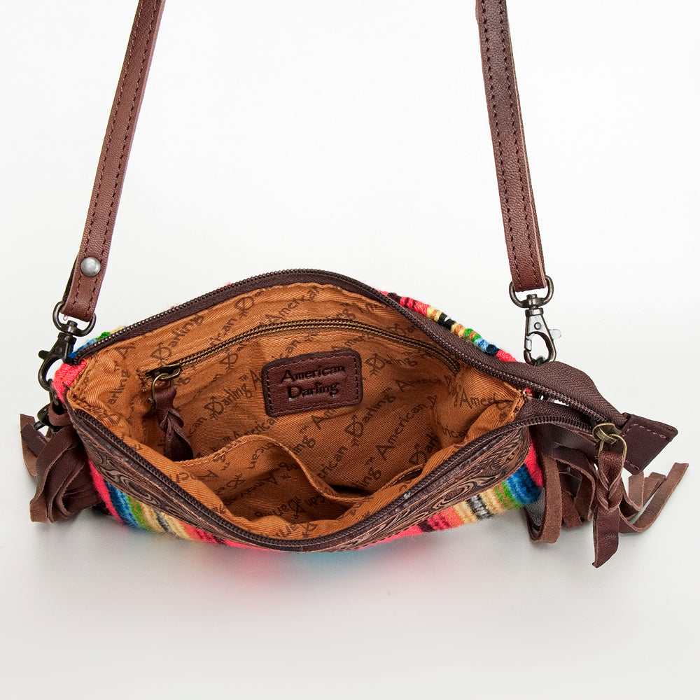LC-ADBGZ183 Southwestern Wool Crossbody Bag with Tooled Leather & Fringe - Western Style Purse