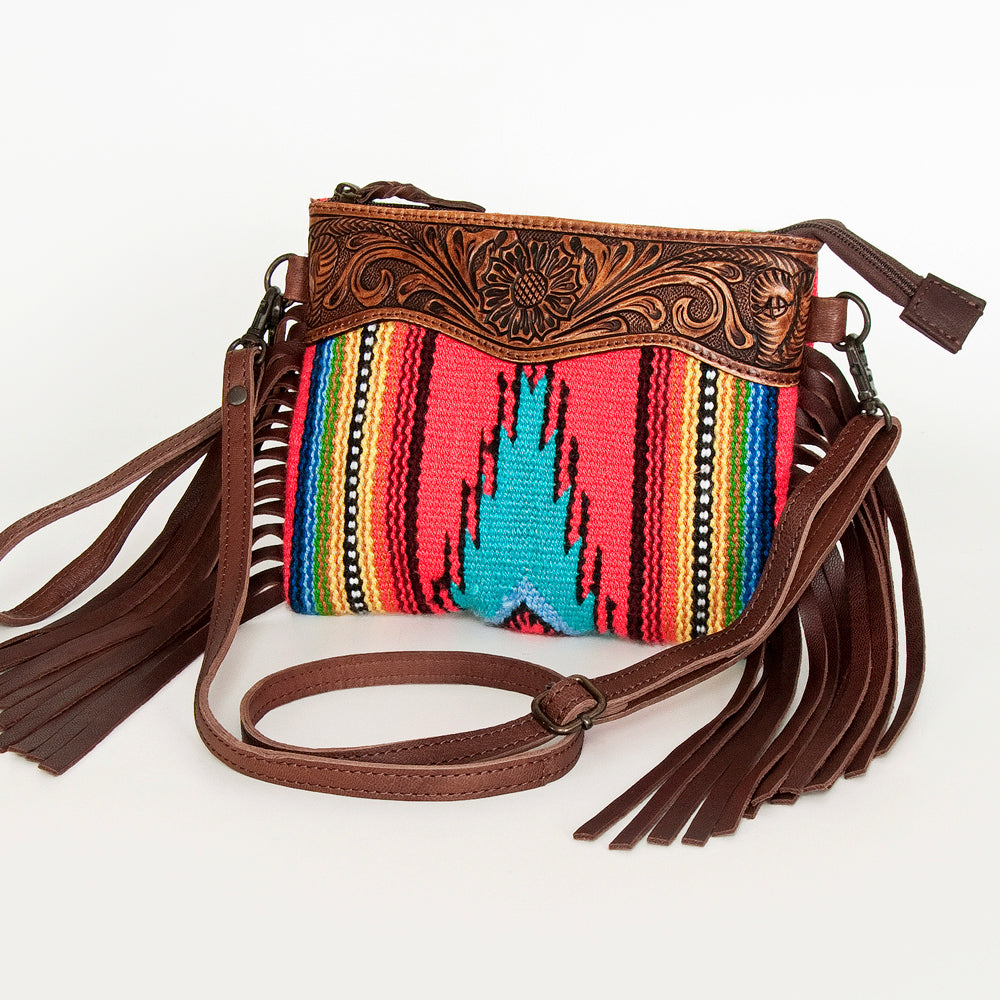 LC-ADBGZ183 Southwestern Wool Crossbody Bag with Tooled Leather & Fringe - Western Style Purse