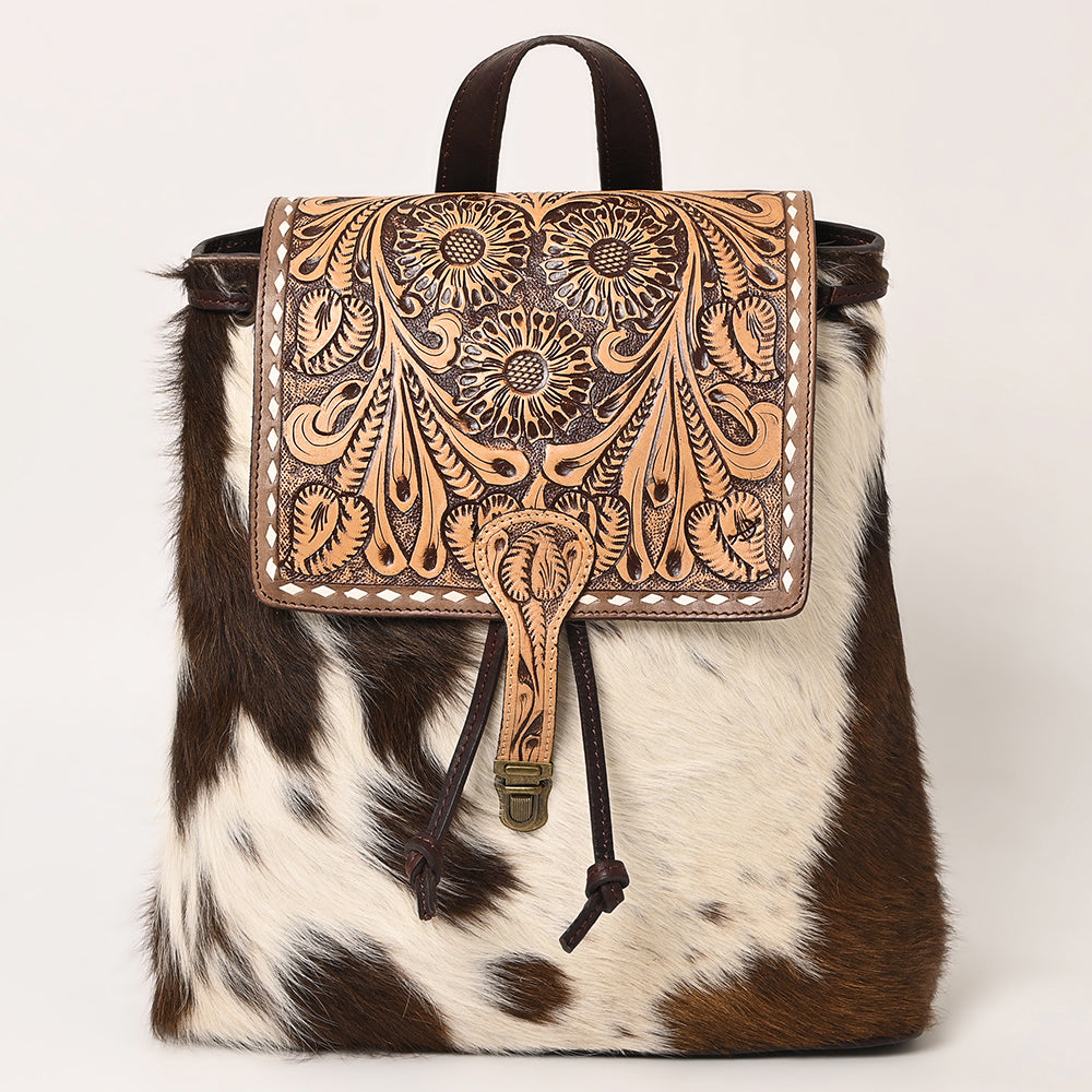LC-ADBGZ102 Cowhide Backpack with Floral Tooled Leather Flap - Western Chic