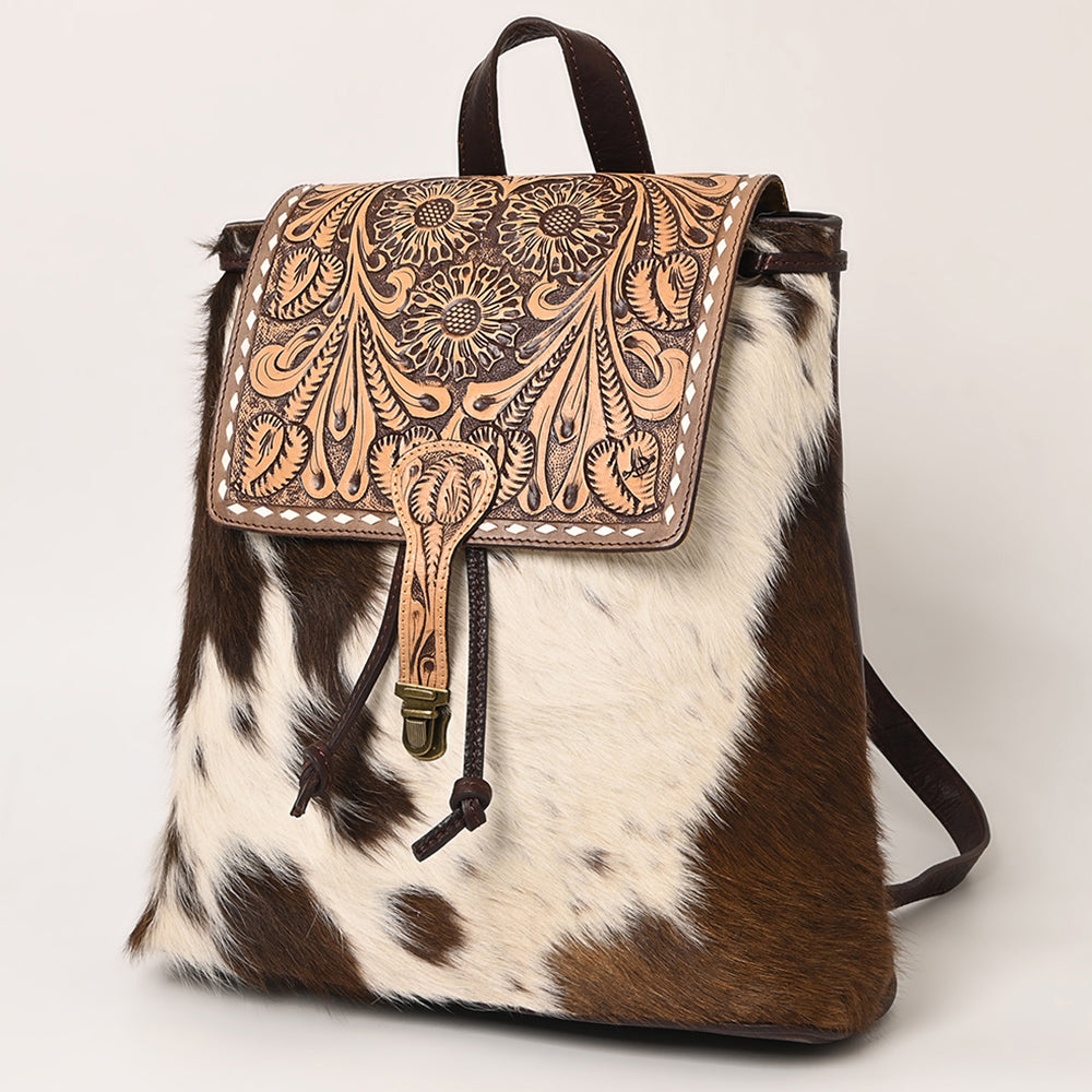 LC-ADBGZ102 Cowhide Backpack with Floral Tooled Leather Flap - Western Chic
