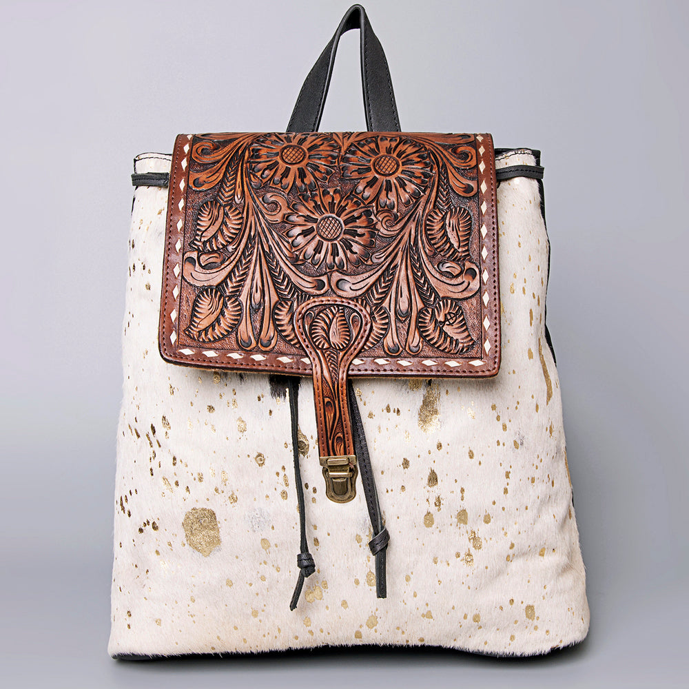 LC-ADBGZ101ACGO Gold Speckled Cowhide Backpack with Hand-Tooled Floral Leather Flap - Western Boho Travel Bag