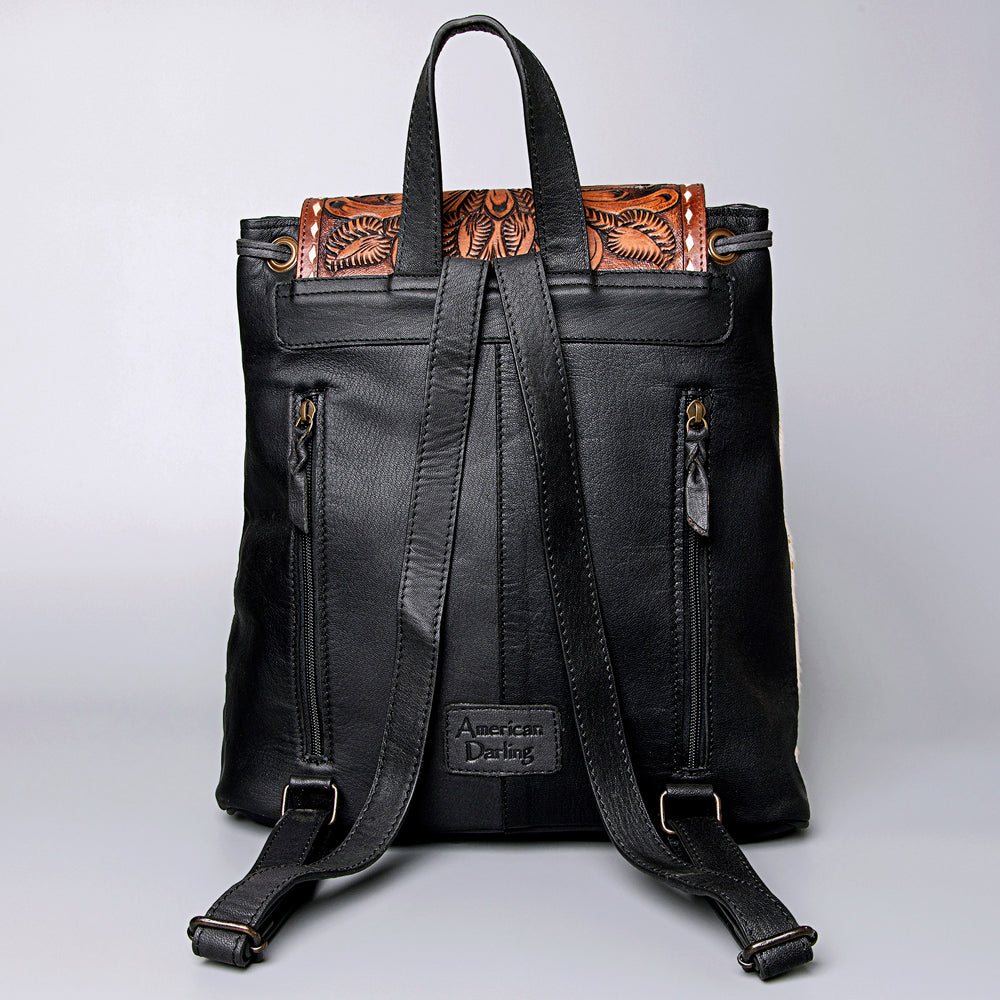 LC-ADBGZ101ACGO Gold Speckled Cowhide Backpack with Hand-Tooled Floral Leather Flap - Western Boho Travel Bag