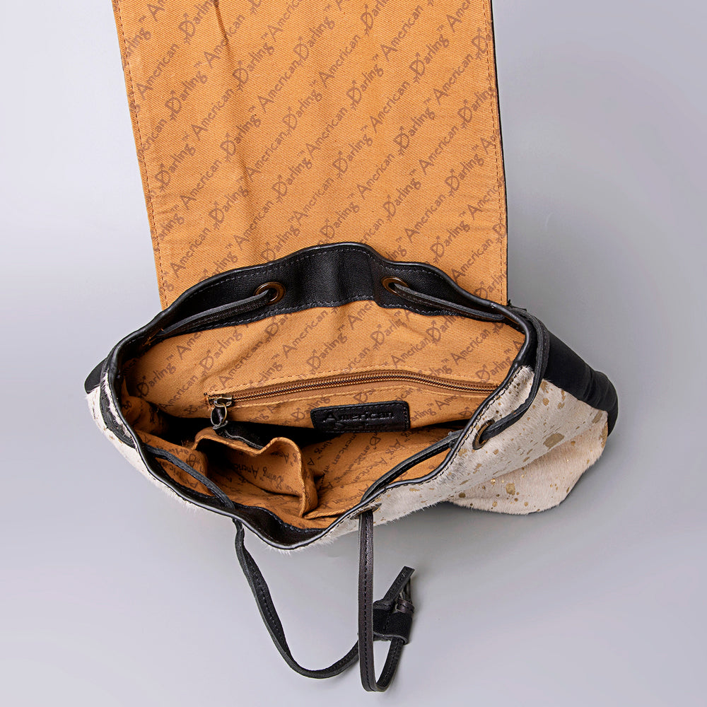 LC-ADBGZ101ACGO Gold Speckled Cowhide Backpack with Hand-Tooled Floral Leather Flap - Western Boho Travel Bag