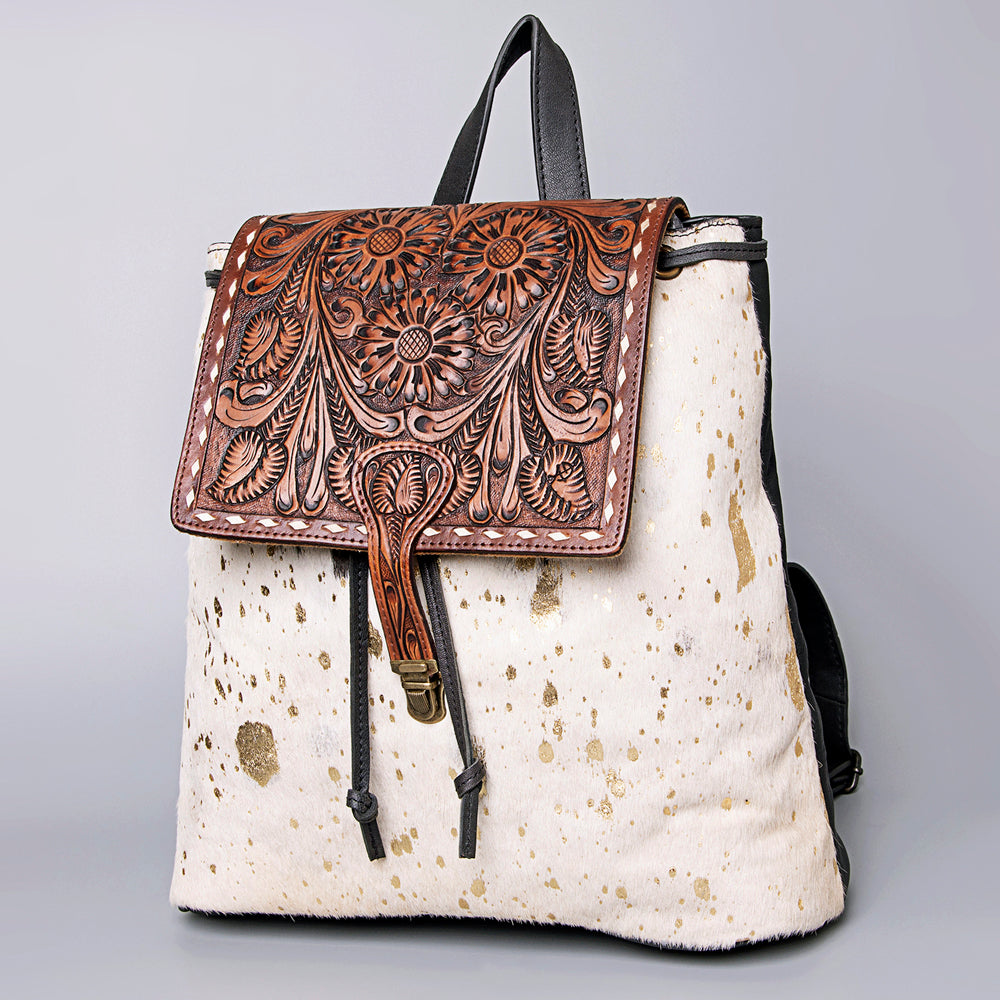 LC-ADBGZ101ACGO Gold Speckled Cowhide Backpack with Hand-Tooled Floral Leather Flap - Western Boho Travel Bag