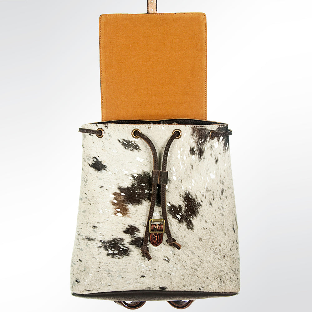 LC-ADBGZ101ACSL Speckled Cowhide Backpack with Hand-Tooled Leather Flap - Western Rodeo Travel Bag