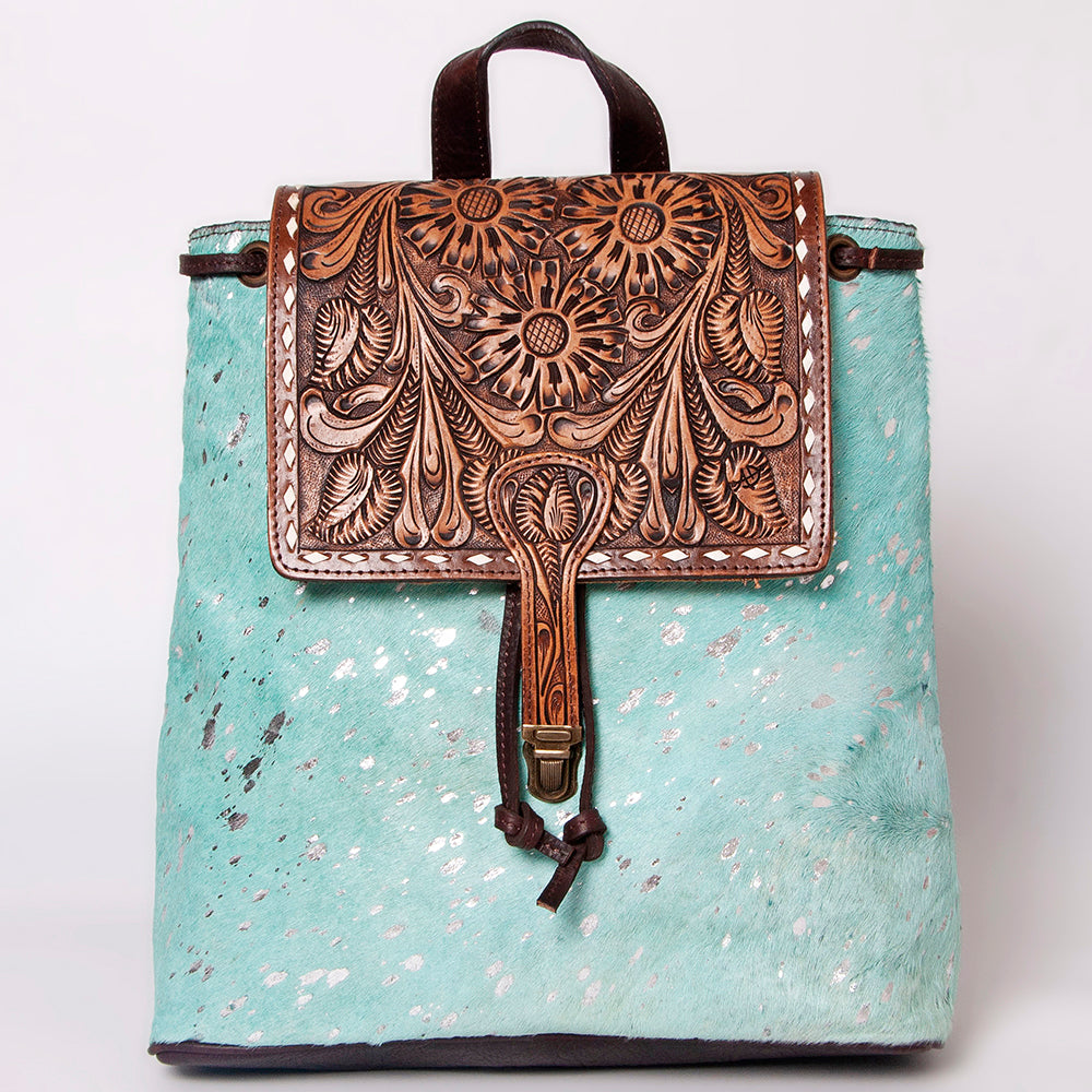 LC-ADBGZ101TRQ Turquoise Acid-Wash Cowhide Backpack with Floral Tooled Leather Flap - Western Chic