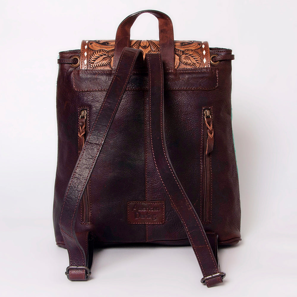 LC-ADBGZ101TRQ Turquoise Acid-Wash Cowhide Backpack with Floral Tooled Leather Flap - Western Chic