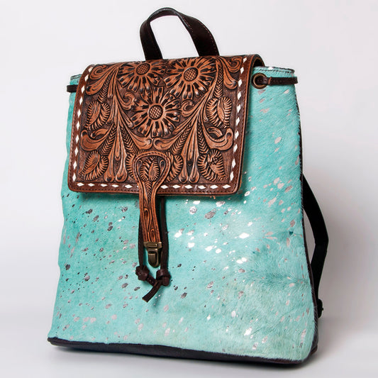 LC-ADBGZ101TRQ Turquoise Acid-Wash Cowhide Backpack with Floral Tooled Leather Flap - Western Chic
