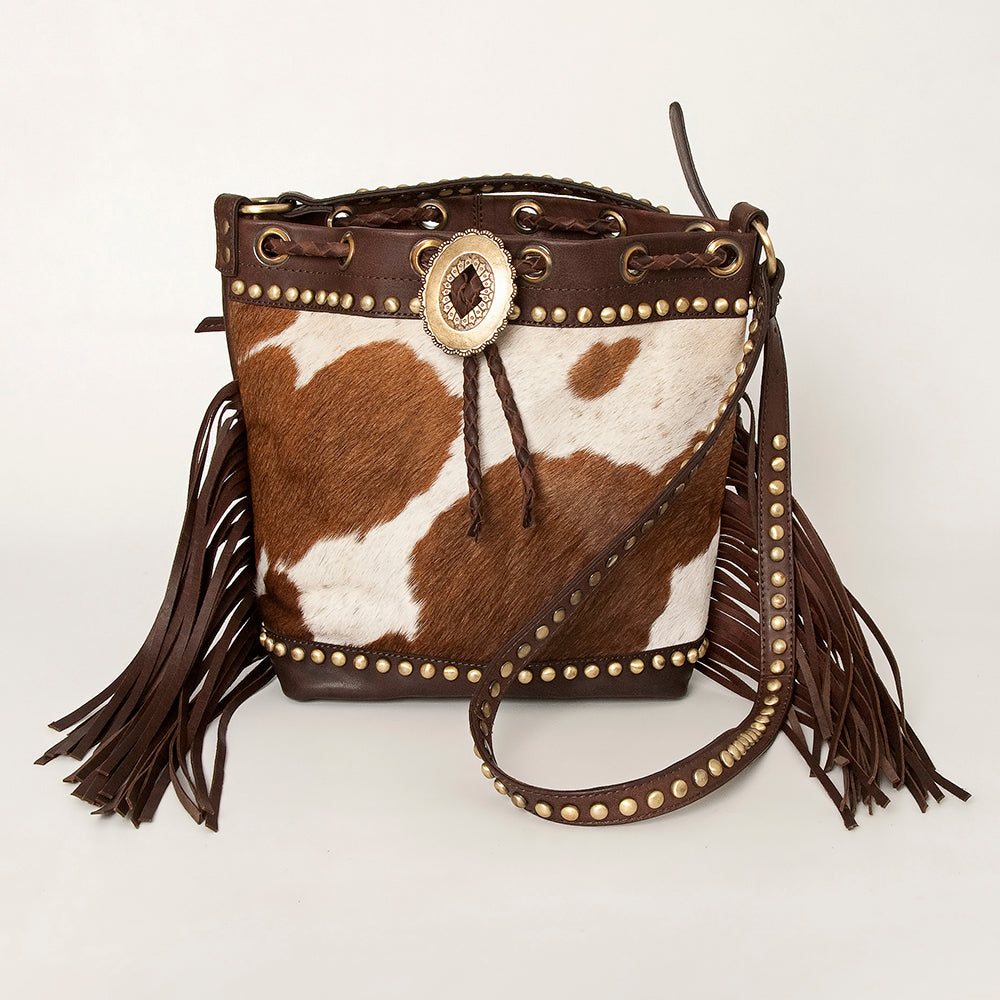 ADBGI102 Studded Leather Fringe Crossbody Bucket Bag - Western Cowhide Style