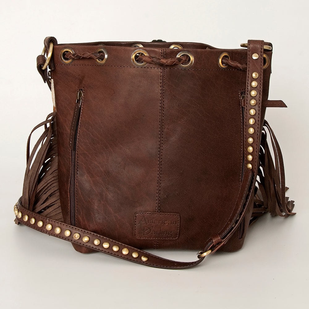 ADBGI102 Studded Leather Fringe Crossbody Bucket Bag - Western Cowhide Style