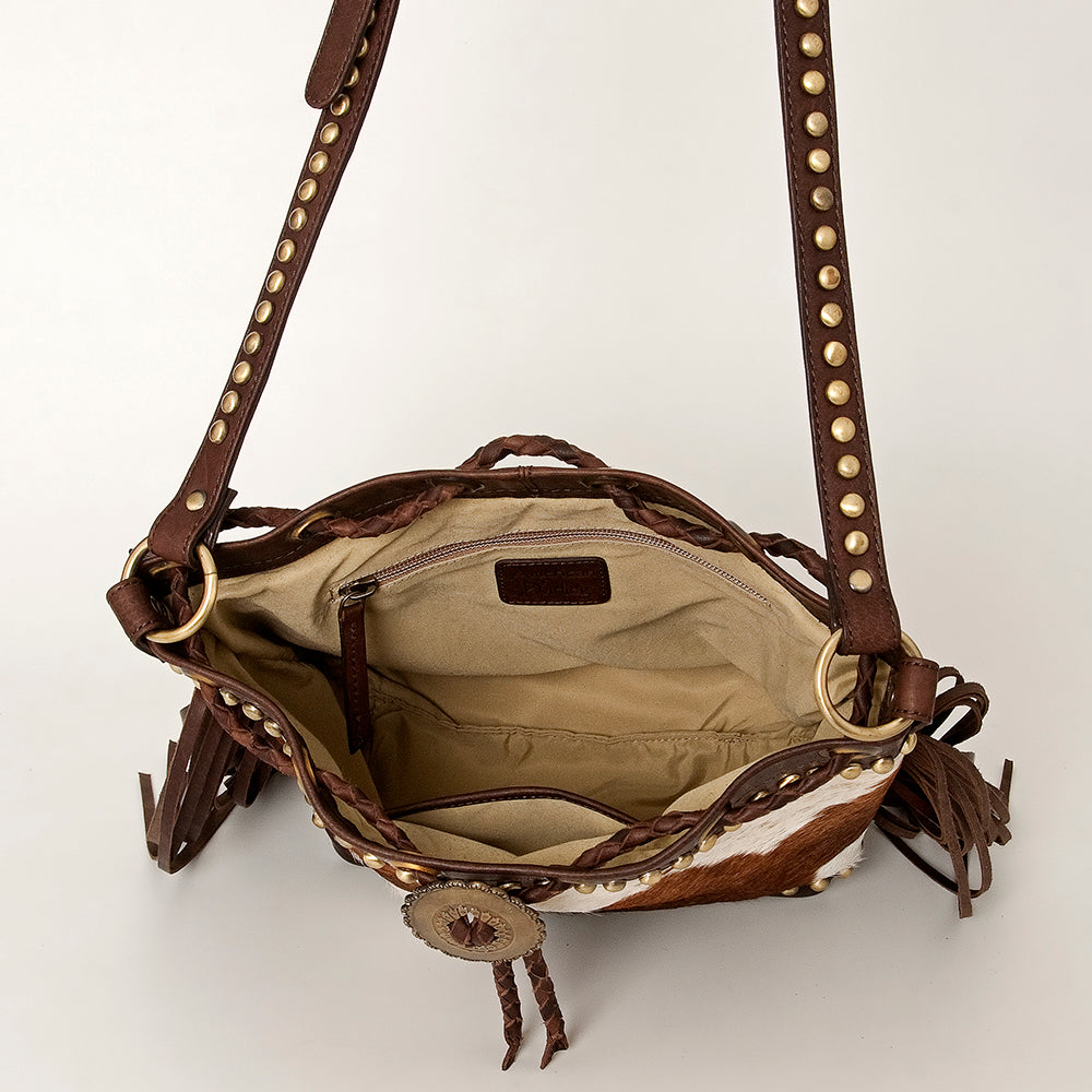 ADBGI102 Studded Leather Fringe Crossbody Bucket Bag - Western Cowhide Style