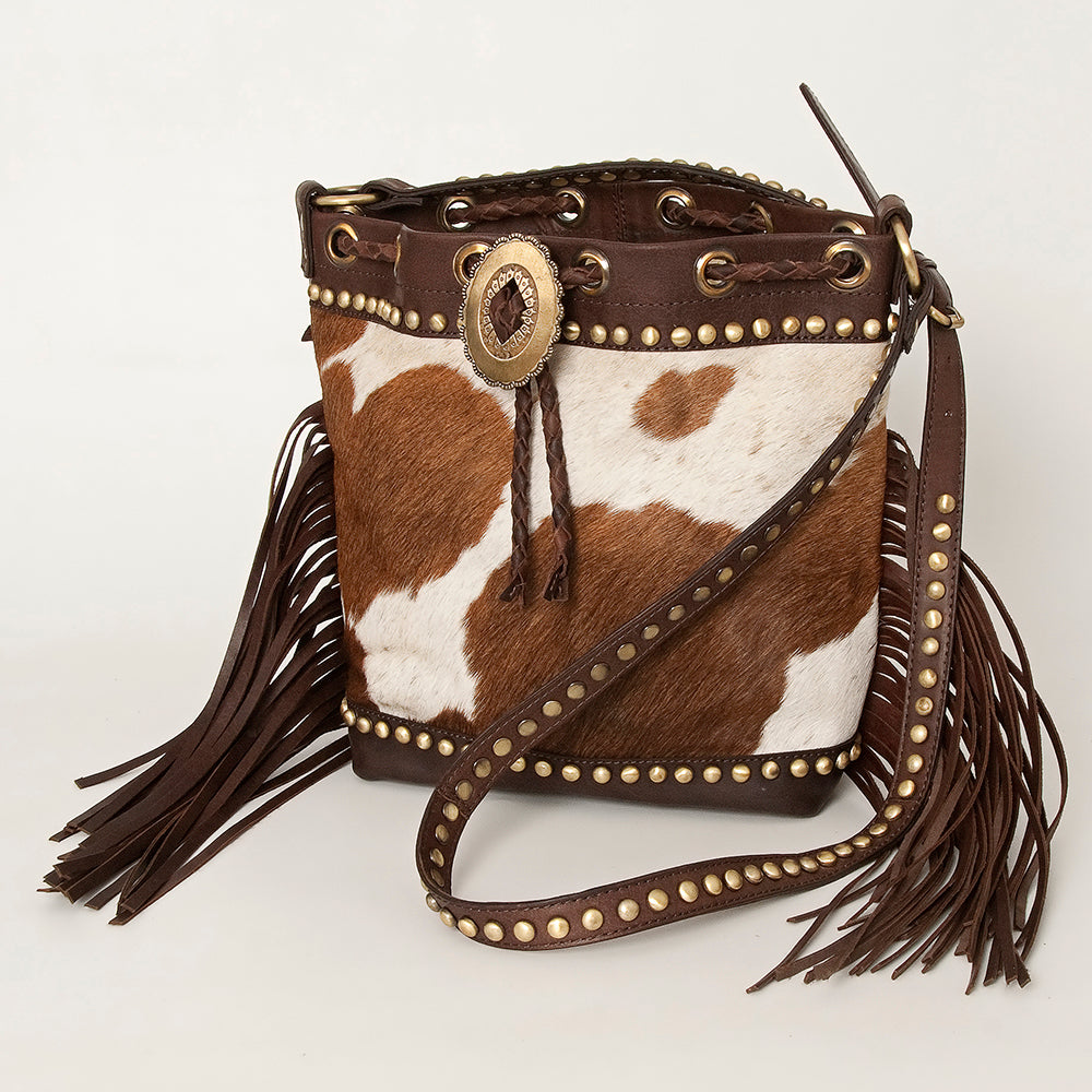 ADBGI102 Studded Leather Fringe Crossbody Bucket Bag - Western Cowhide Style