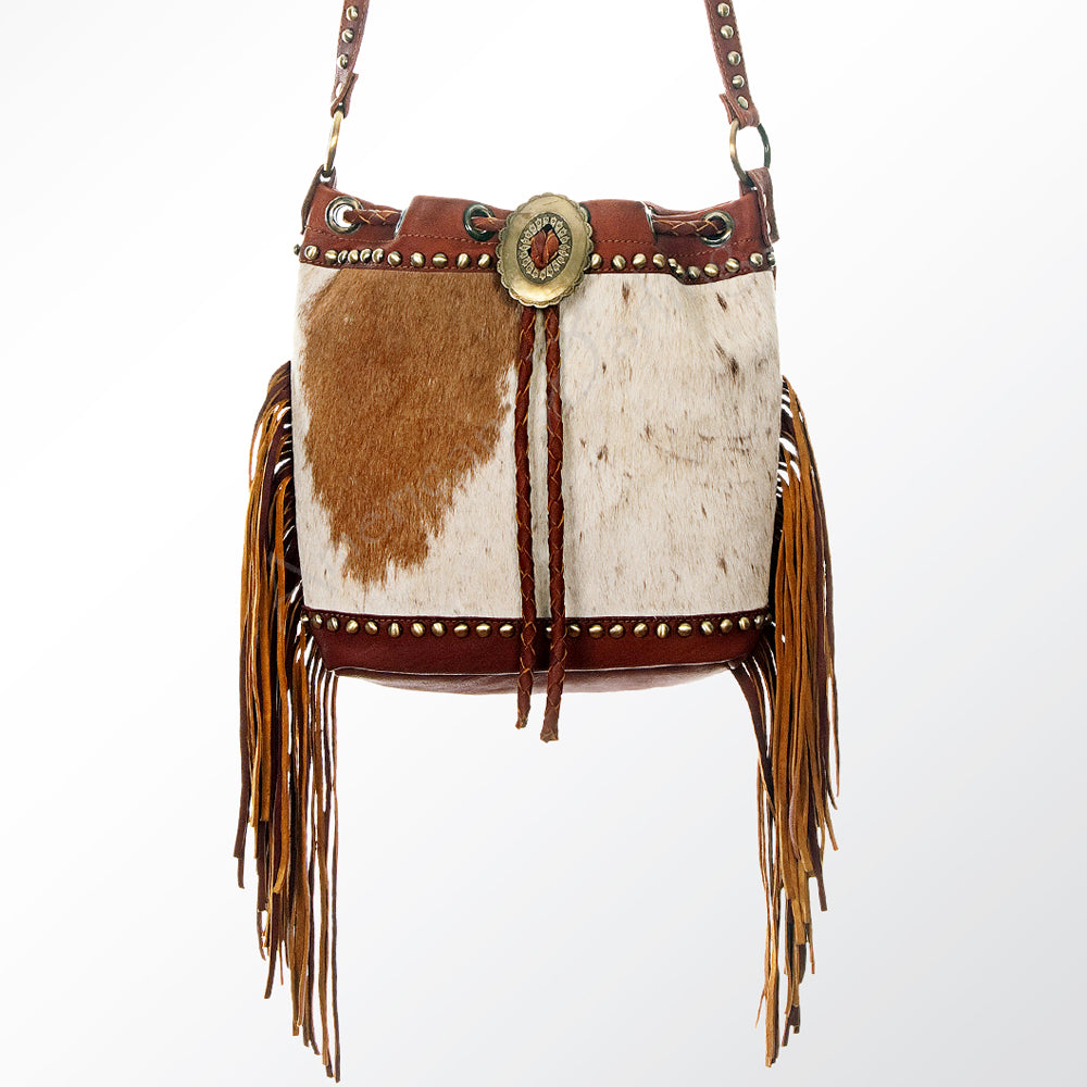 ADBGI102 Studded Leather Fringe Crossbody Bucket Bag - Western Cowhide Style