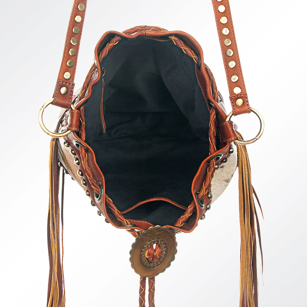 ADBGI102 Studded Leather Fringe Crossbody Bucket Bag - Western Cowhide Style