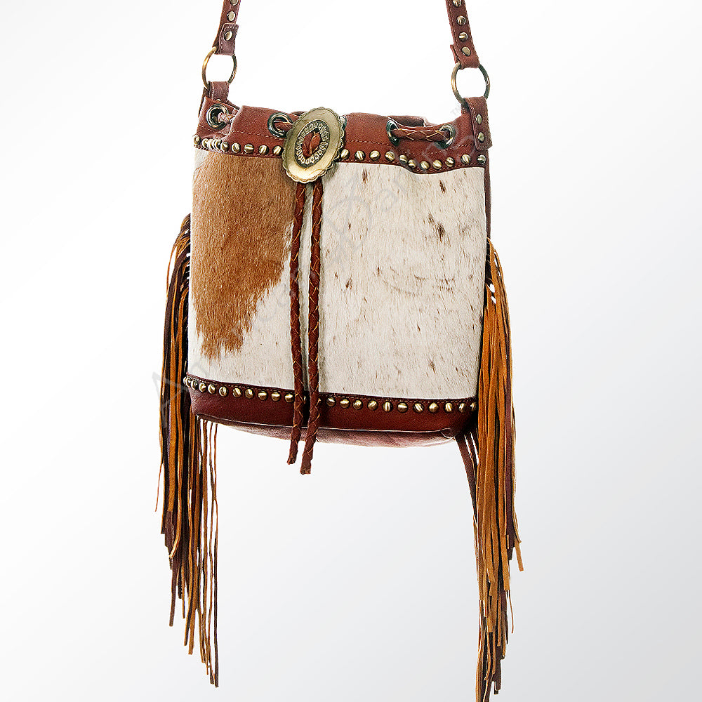 ADBGI102 Studded Leather Fringe Crossbody Bucket Bag - Western Cowhide Style