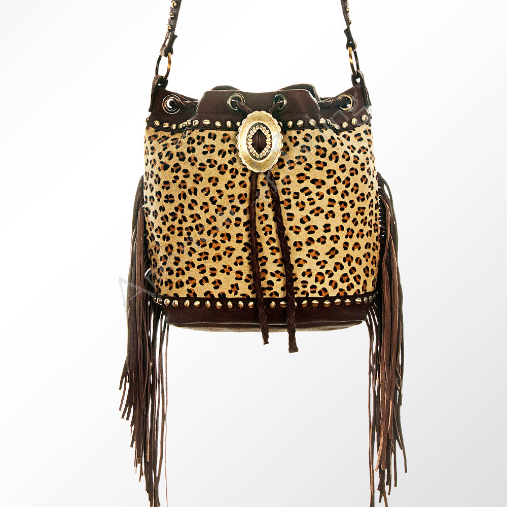 ADBGI102 Studded Leather Fringe Crossbody Bucket Bag - Western Cowhide Style