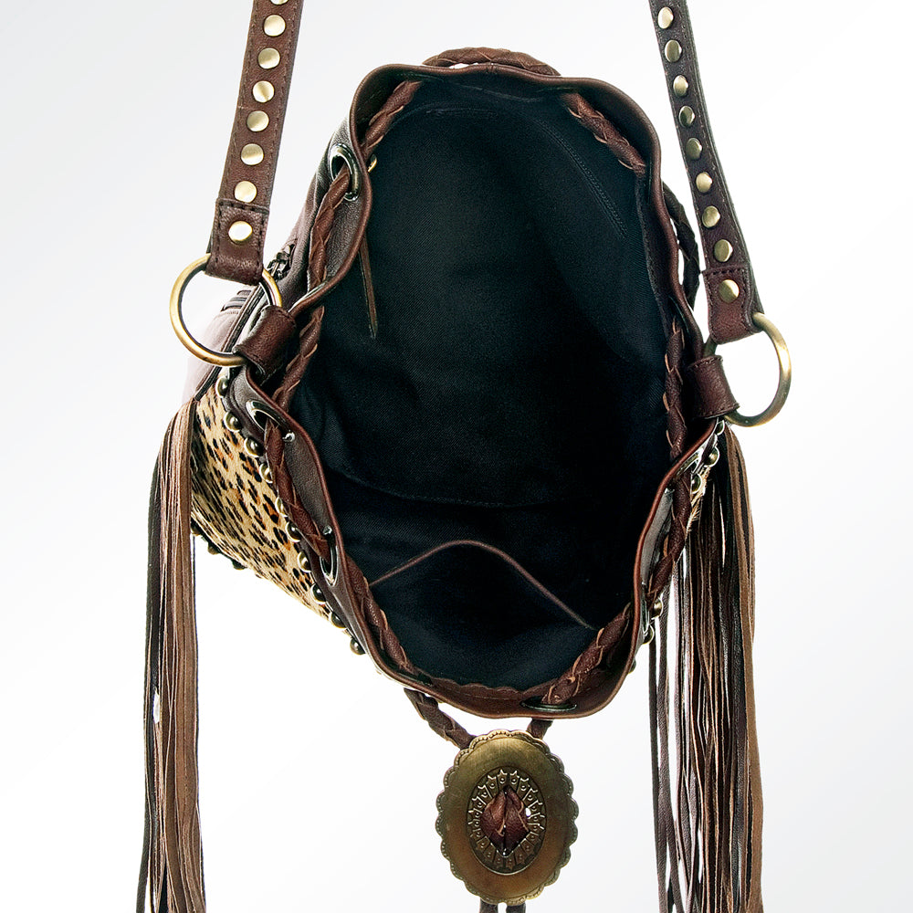 ADBGI102 Studded Leather Fringe Crossbody Bucket Bag - Western Cowhide Style