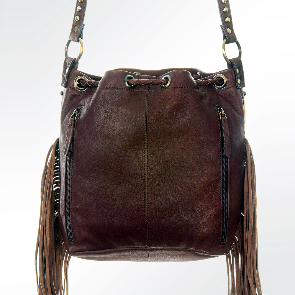 ADBGI102 Studded Leather Fringe Crossbody Bucket Bag - Western Cowhide Style