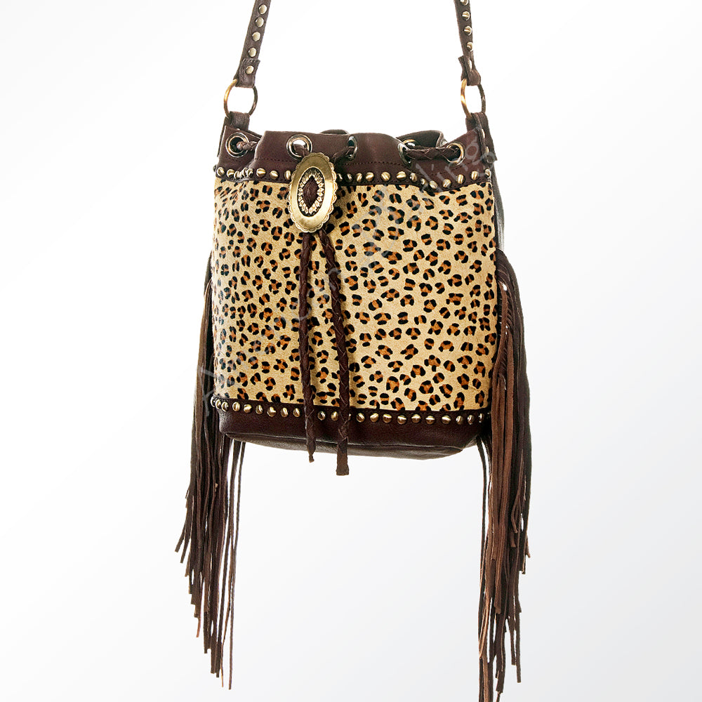 ADBGI102 Studded Leather Fringe Crossbody Bucket Bag - Western Cowhide Style