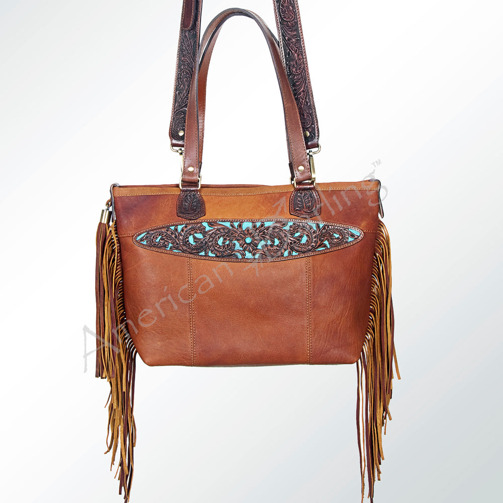 LC-ADBGI103A Turquoise Inlay Western Leather Tote - Genuine Cowgirl Fringe Shoulder Bag