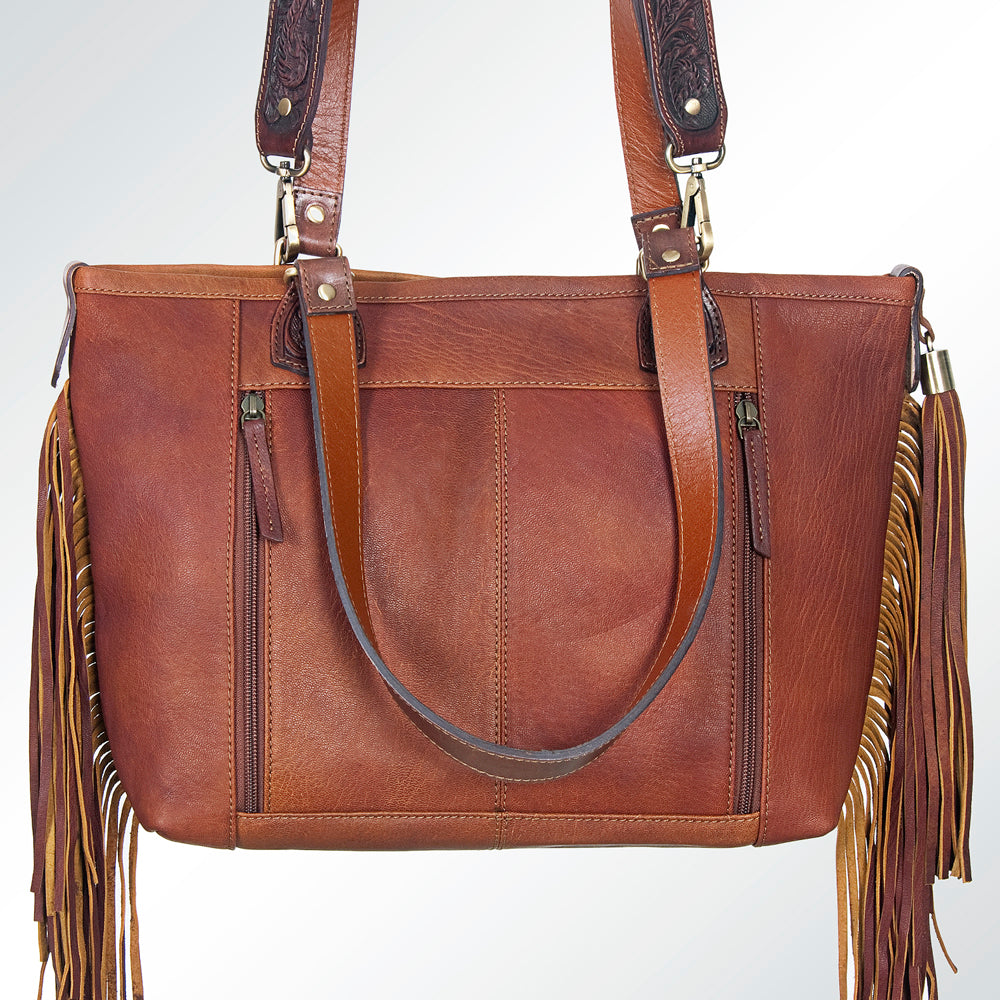 LC-ADBGI103A Turquoise Inlay Western Leather Tote - Genuine Cowgirl Fringe Shoulder Bag