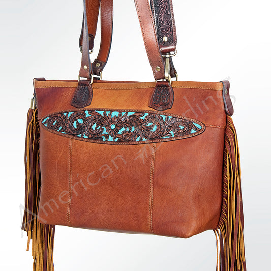 LC-ADBGI103A Turquoise Inlay Western Leather Tote - Genuine Cowgirl Fringe Shoulder Bag