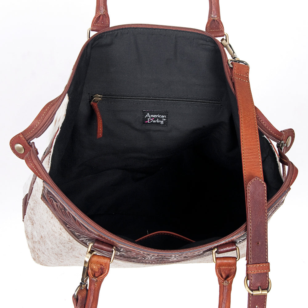 ADBGI105 Western Tote Bag - Genuine Leather & Hair-On Hide with Tooled Detailing