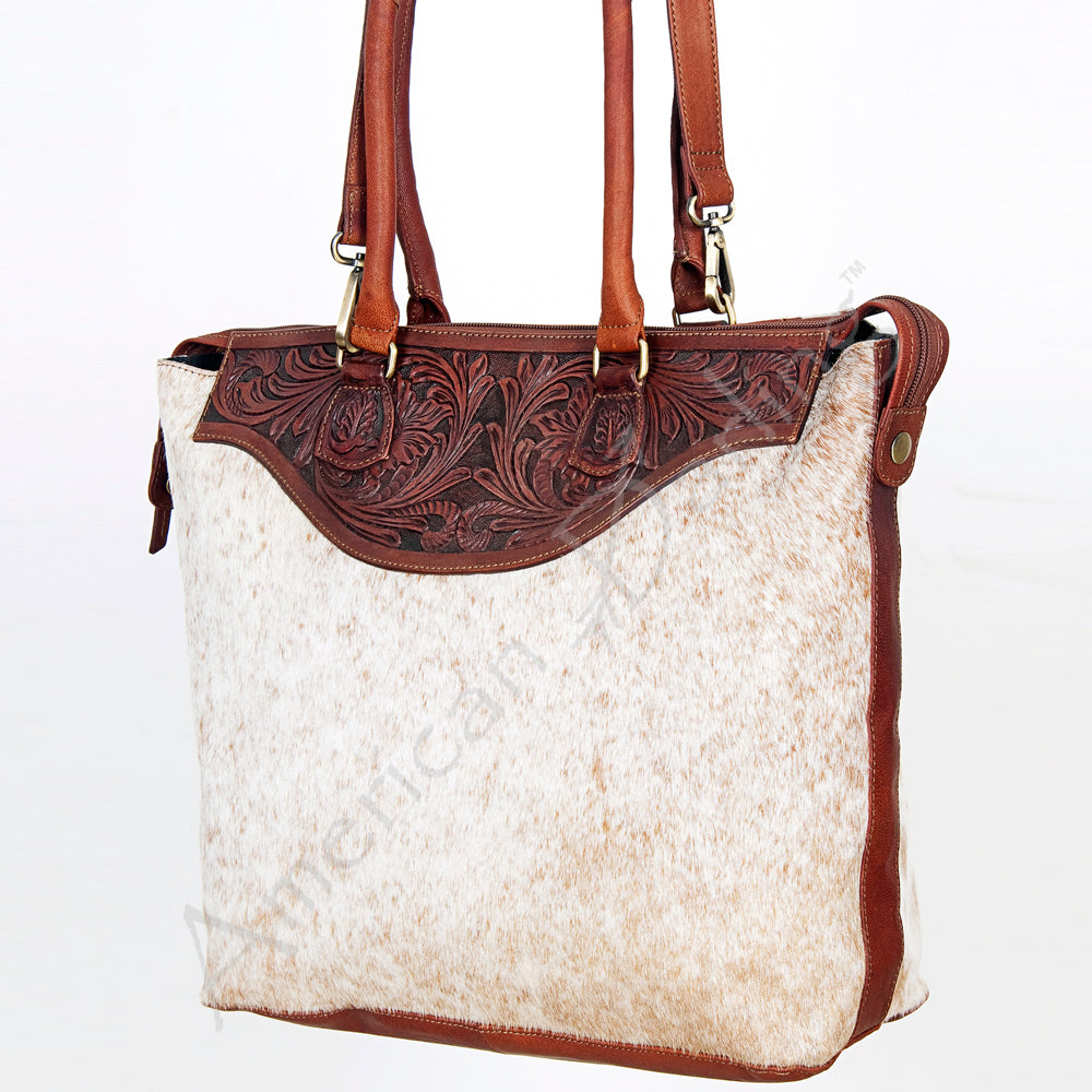 ADBGI105 Western Tote Bag - Genuine Leather & Hair-On Hide with Tooled Detailing