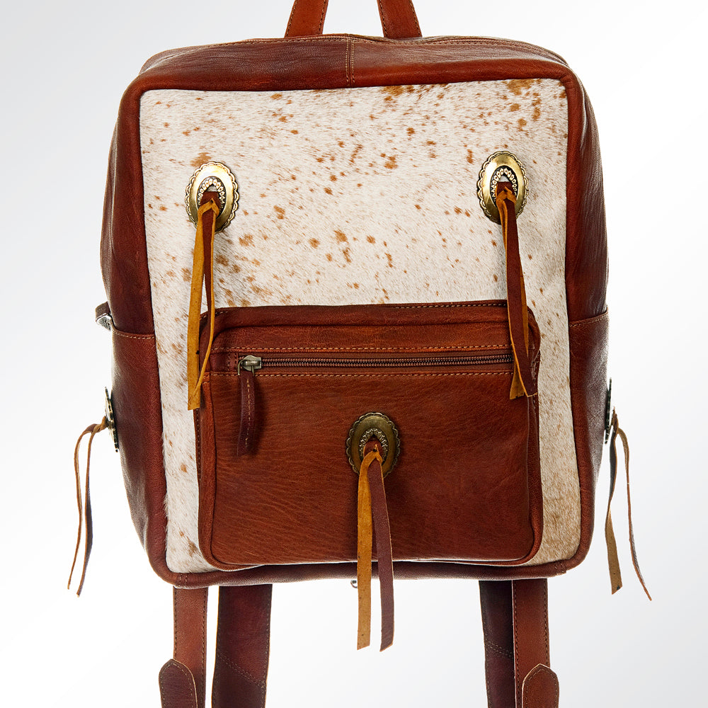 ADBGI109 Western Hair-On Hide Leather Backpack - Genuine Cowhide with Conchos & Fringe Ties