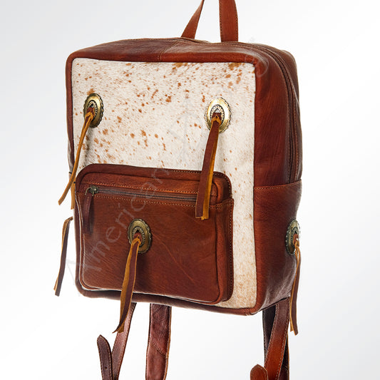 ADBGI109 Western Hair-On Hide Leather Backpack - Genuine Cowhide with Conchos & Fringe Ties