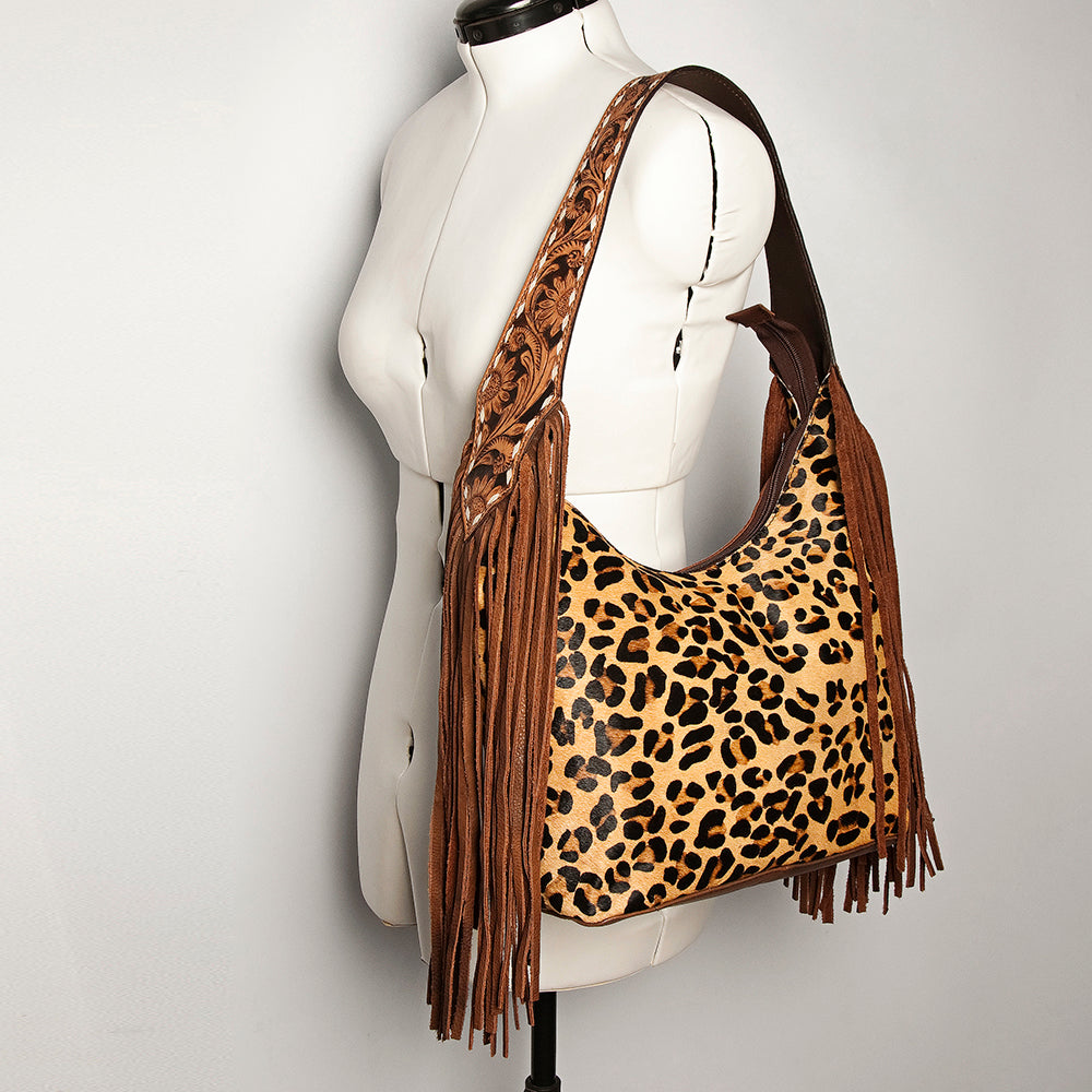 ADBGI112 Sage Western Hobo Bag - Genuine Leather with Tan Hair-On Hide & Tooled Strap