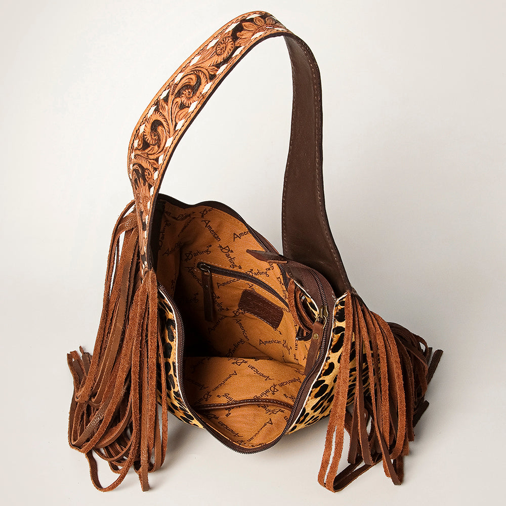 ADBGI112 Sage Western Hobo Bag - Genuine Leather with Tan Hair-On Hide & Tooled Strap