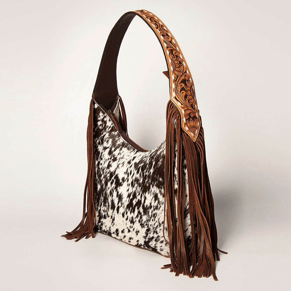 ADBGI112 Sage Western Hobo Bag - Genuine Leather with Tan Hair-On Hide & Tooled Strap