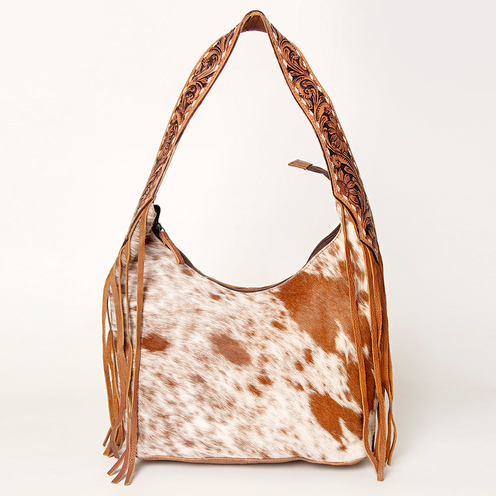 ADBGI112 Sage Western Hobo Bag - Genuine Leather with Tan Hair-On Hide & Tooled Strap