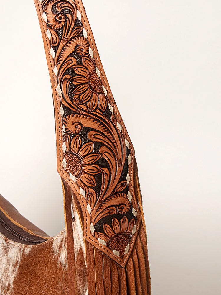 ADBGI112 Sage Western Hobo Bag - Genuine Leather with Tan Hair-On Hide & Tooled Strap