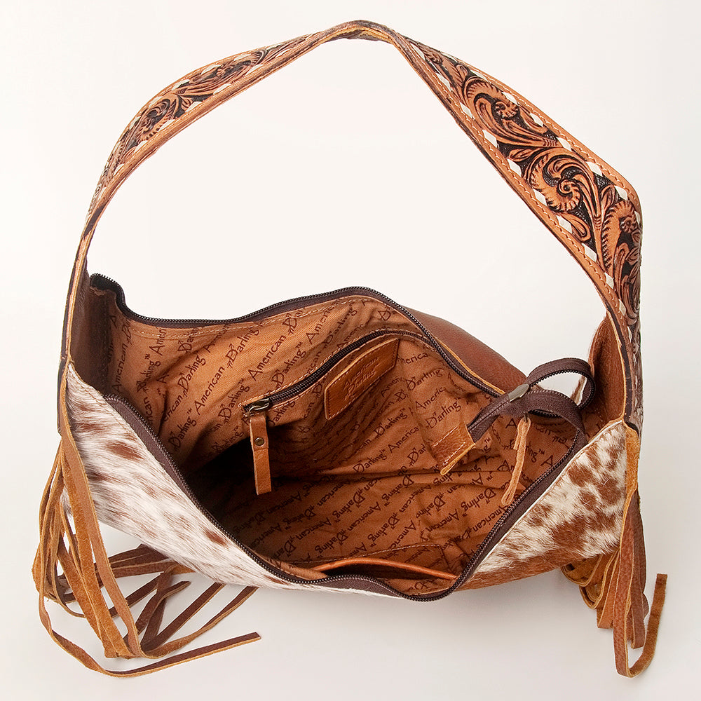 ADBGI112 Sage Western Hobo Bag - Genuine Leather with Tan Hair-On Hide & Tooled Strap