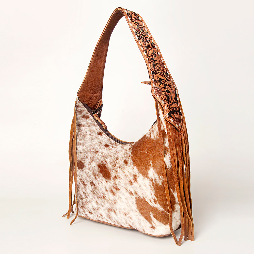 ADBGI112 Sage Western Hobo Bag - Genuine Leather with Tan Hair-On Hide & Tooled Strap